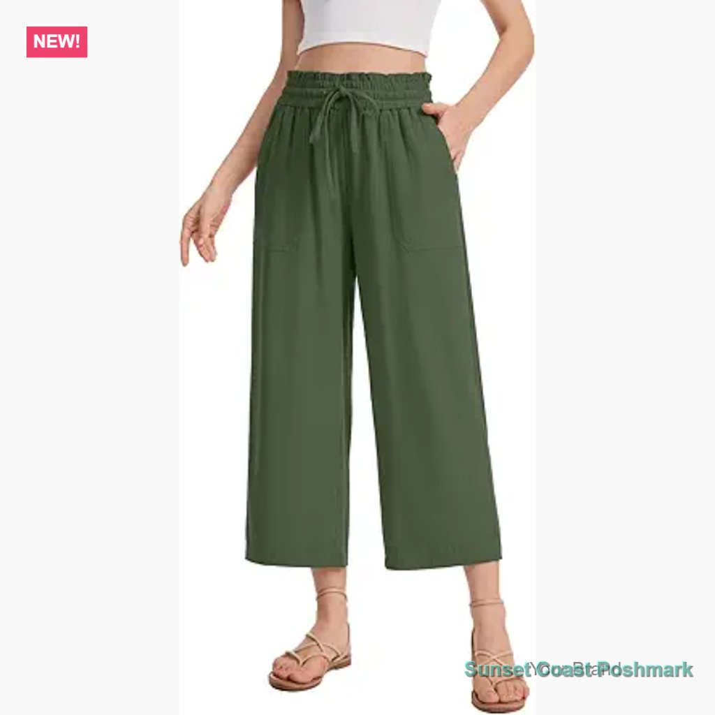 Linen Blend Capri Pants With Ruffle Waist And Drawstring